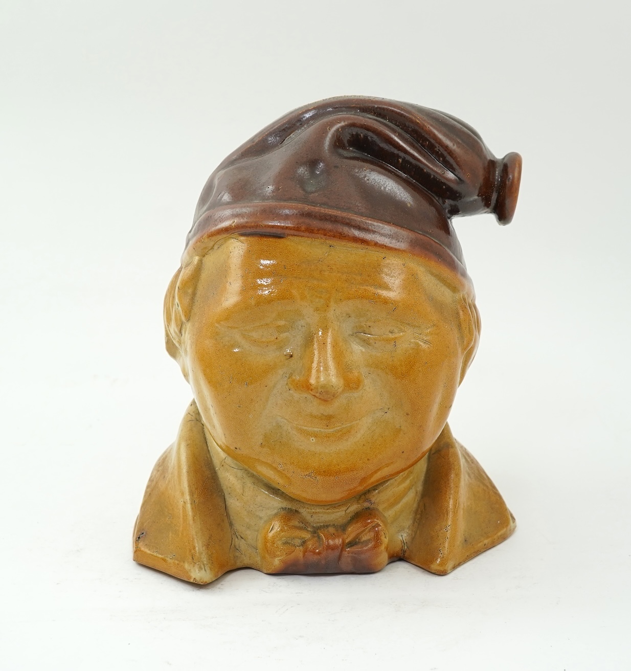 A large 19th century Johnny Souter, salt glazed stoneware spirit flask impressed T A Moss wine and spirit Merchant Bell Mount street Grosvenor square, 28cm high
